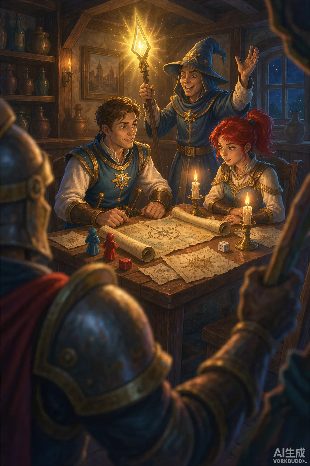 Adventurers studying maps around a tavern table