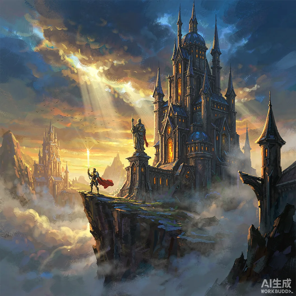 Fantasy castle above a sea of clouds at sunset