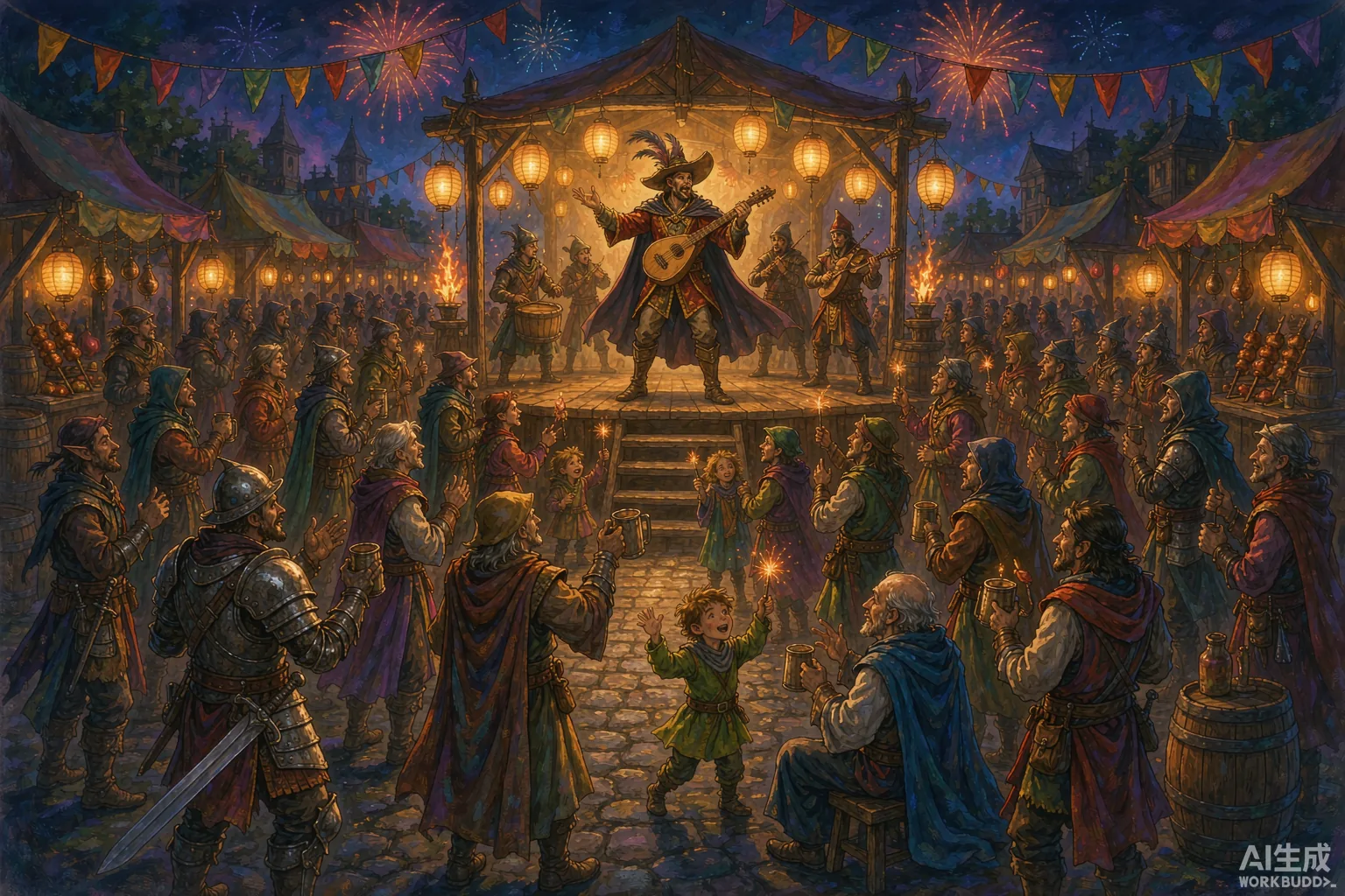 A bard performing for a lantern-lit festival crowd — building community